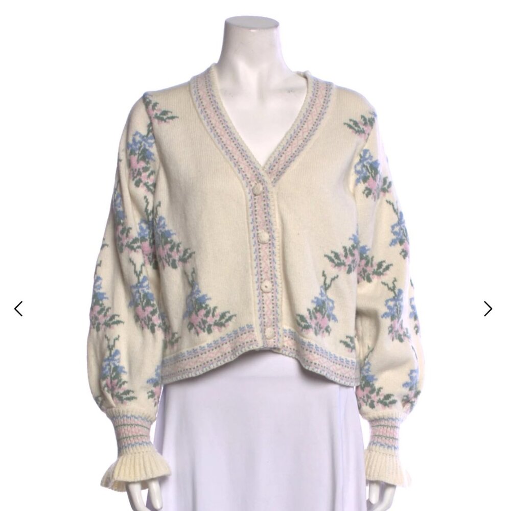 LoveShackFancy Floral Print V-Neck Sweater
